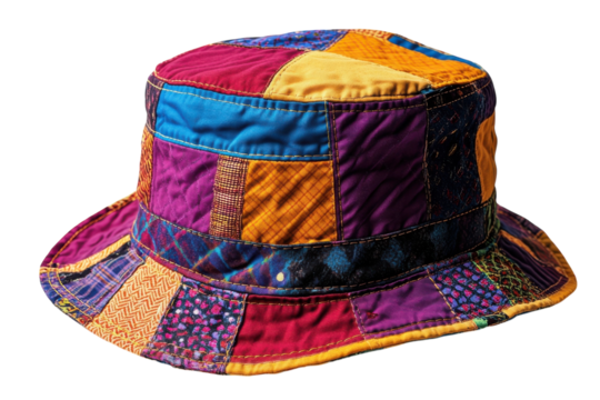 Vibrant patchwork bucket hat unique colorful design stylish summer on transparent background