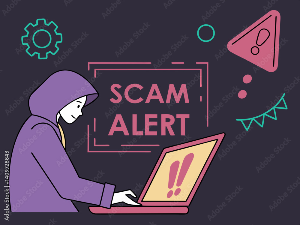 Poster hooded hacker behind screen with scam alert elements