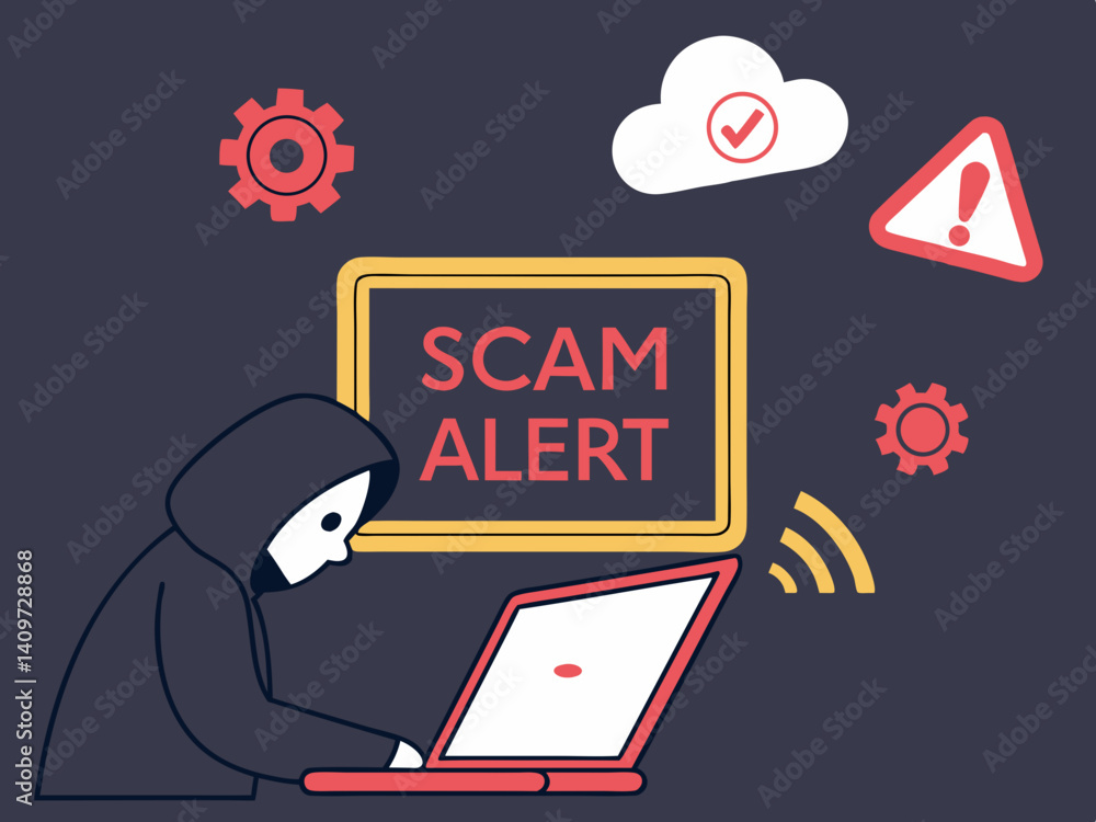 Poster flat vector of a hooded figure behind screen with scam alert