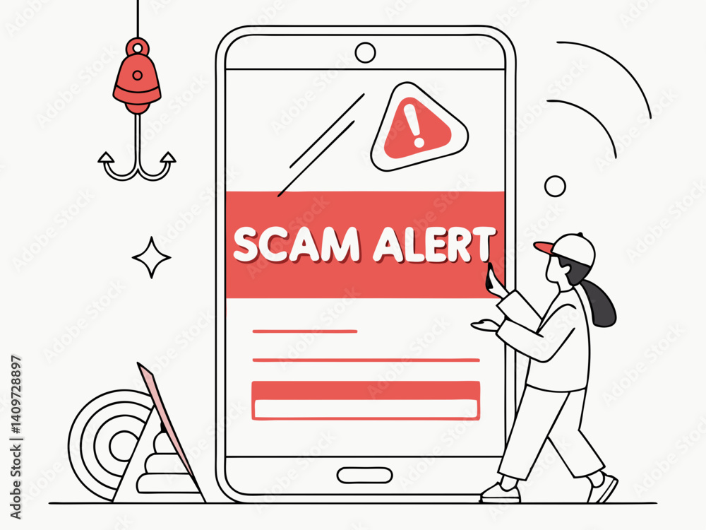 Poster minimal smartphone vector with scam alert notification and red warning symbol