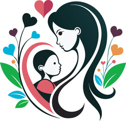 Vector Art of Mother & Child in Heart Outline – Colorful Greeting Style Art & Illustration