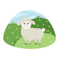 Cute sheep with landscape. Vector illustration of farm animal in flat style.