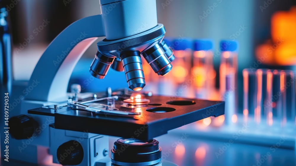 Poster a close-up view of a microscope in a laboratory setting focusing on scientific research and analysis