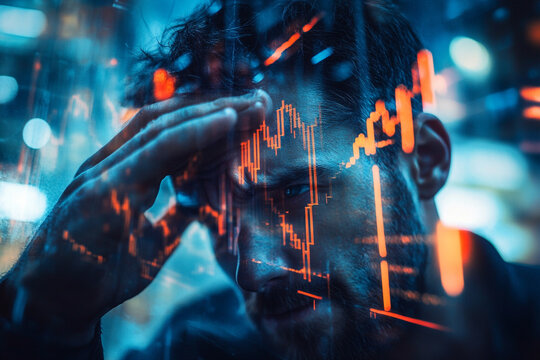 Stressed man reviewing market data financial loss anxiety