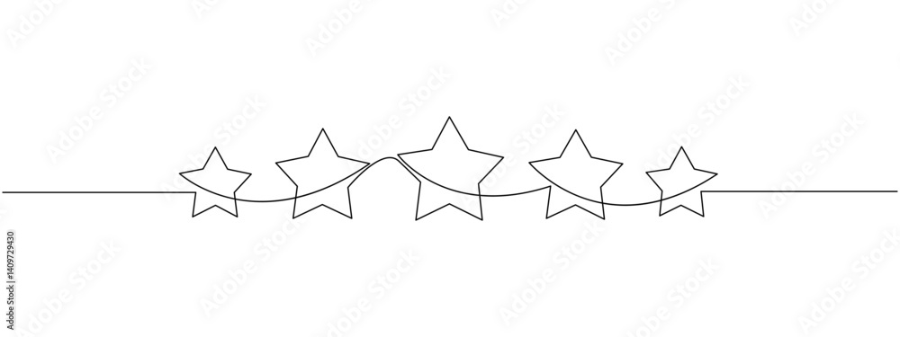 Poster five stars drawn in one continuous line. this simple linear style represents rating service, a conti
