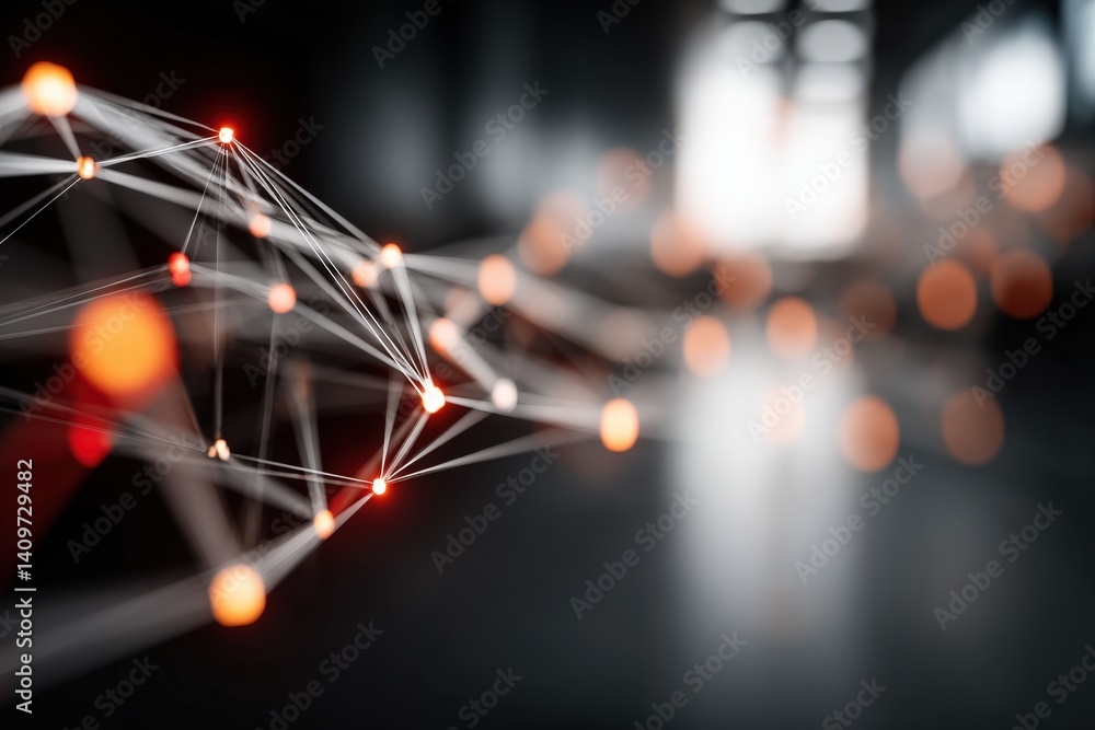 Poster abstract network connections with glowing nodes and blurred background.