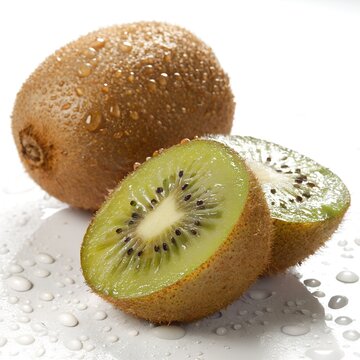Whole and Halved Kiwi with Water Droplets on White Background