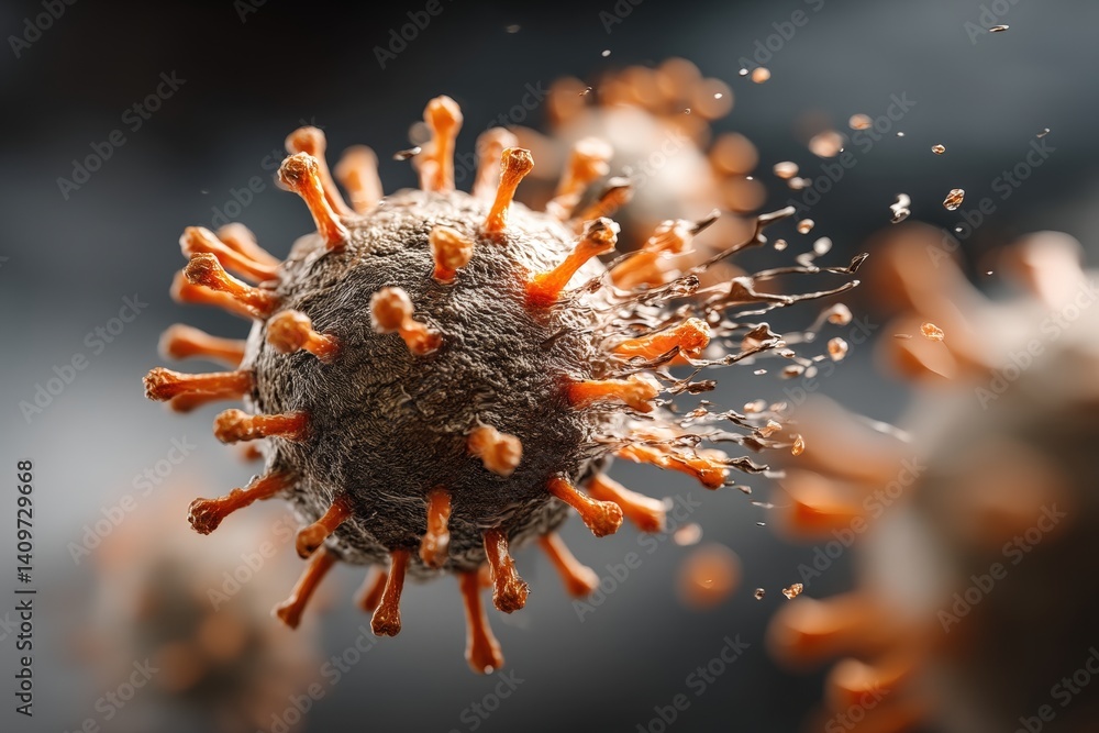 Poster microscopic view of a virus with orange spikes and a textured surface.