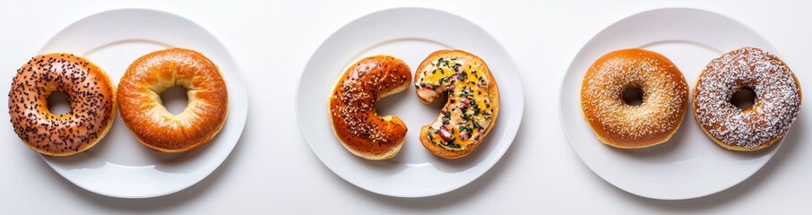 Delicious donuts arranged on white plates with colorful toppings