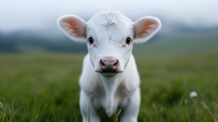Fototapeta premium Innocent white calf in a grassy field