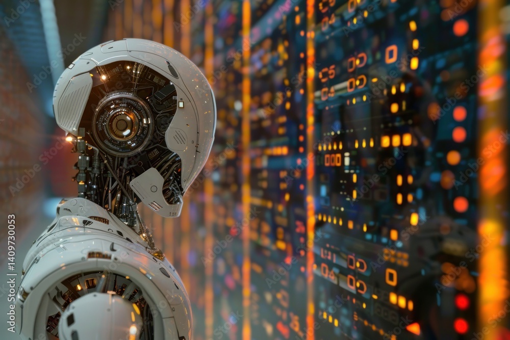Poster futuristic robot observing data center