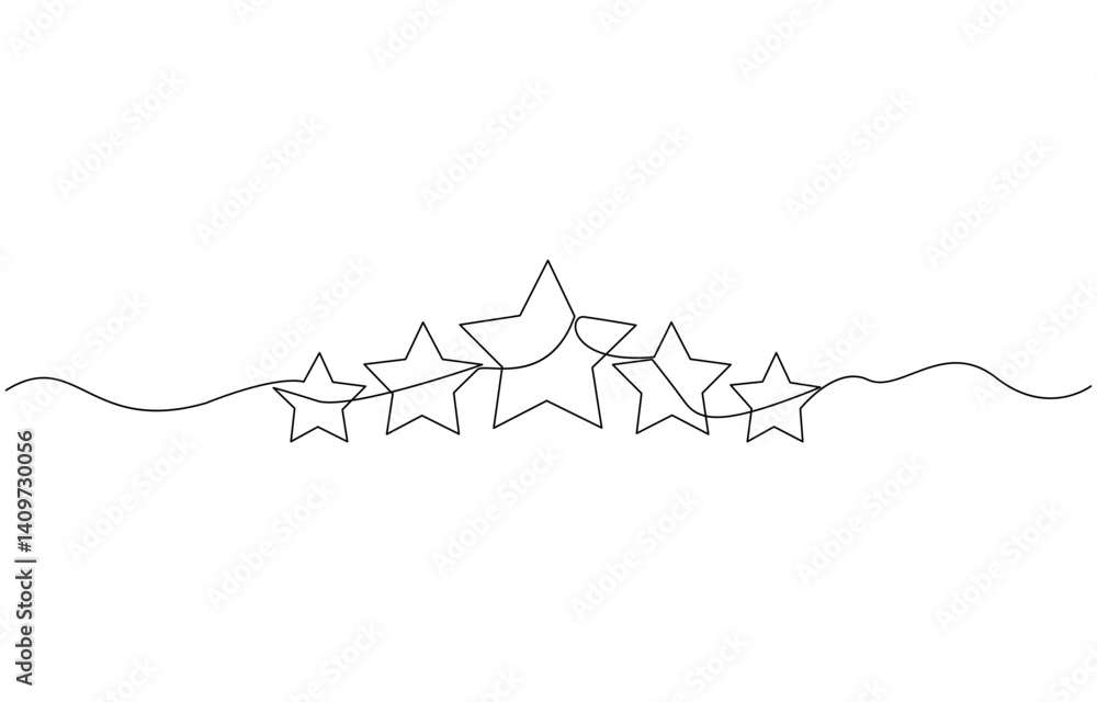 Poster five stars drawn in one continuous line. this simple linear style represents rating service, a conti