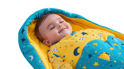 Closeup of a content sleeping infant snugly wrapped in a soft colorful blanket featuring a whimsical star and moon pattern resting peacefully in a serene nurturing environment
