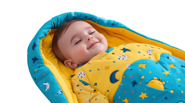 Closeup of a content sleeping infant snugly wrapped in a soft colorful blanket featuring a whimsical star and moon pattern resting peacefully in a serene nurturing environment