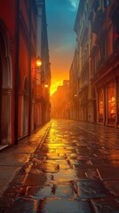 Obraz premium City street view with wet pavement buildings and sunset or sunrise light.