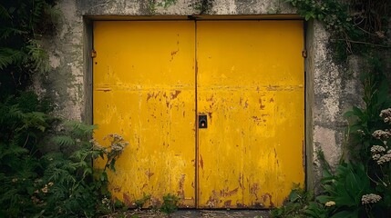 Old Weathered Yellow Garage Doors Rustic Stone Wall