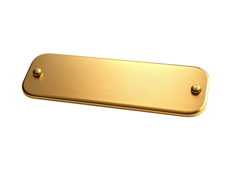 Metal gold name plate or name plaque with rounded edges isolated on white background