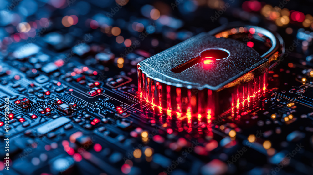 Poster glowing red lock on a circuit board. the lock is lit up and surrounded by a dark background. concept