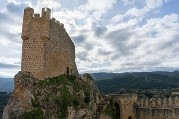 Panoramic view of the keep in the medieval castle of Frias at sunset