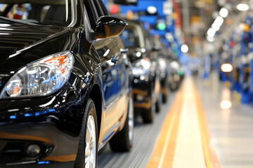 Obraz premium Factory workers assemble vehicles on the production line wearing uniforms and safety gear in an automotive manufacturing facility