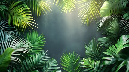 Tropical palm leaf frame with green fronds in top left and bottom right corners on transparent background, minimalist and exotic border design 