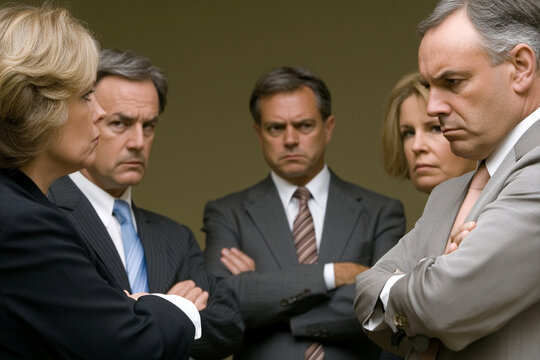 Group of business professionals engaged in a heated disagreement during a meeting in an office setting