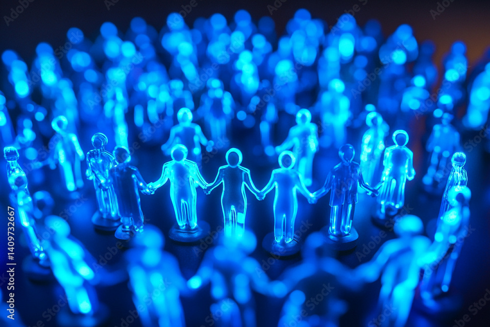 Poster blue figures holding hands in a circle unity and connection