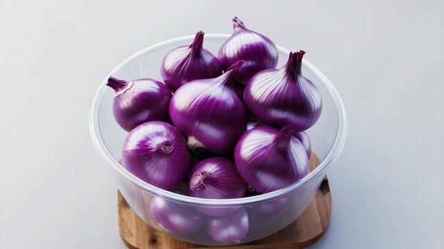 A transparent plastic container brimming with colorful onions placed on a wooden surface. Ideal for culinary use, meal prep, and healthy eating ideas.