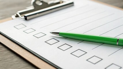 Clipboard with checkboxes and a green pen on a wooden surface.,Green Business concept