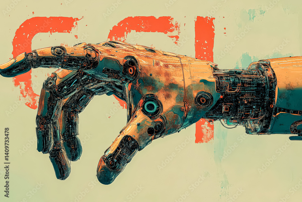 Poster robotic hand pointing to the letter c. the image is a representation of the letter c, with the hand 
