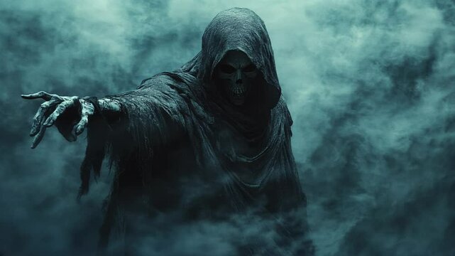 Ethereal Grim Reaper: A chilling visual of the Grim Reaper emerging from a ghostly mist, beckoning with an outstretched hand in a scene of haunting mystery and inevitable fate.