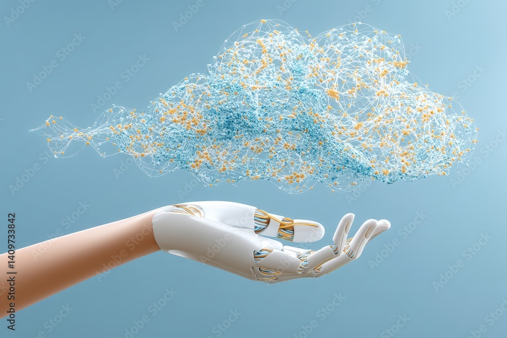 Poster a robotic hand extends towards a cloud of interconnected nodes.
