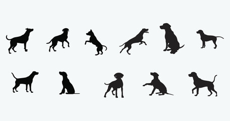 Black vector silhouettes of dog, and other wild animals illustrate a nature collection icon set.