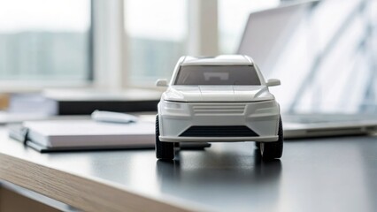 Miniature car model on a desk with a laptop and notebooks.,Green Business concept