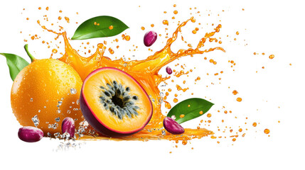 Vibrant and refreshing splash of juicy citrus fruits including orange and kiwi slices with water droplets and leaves creating a dynamic healthy still life composition  category Food