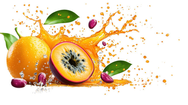 Vibrant and refreshing splash of juicy citrus fruits including orange and kiwi slices with water droplets and leaves creating a dynamic healthy still life composition  category Food