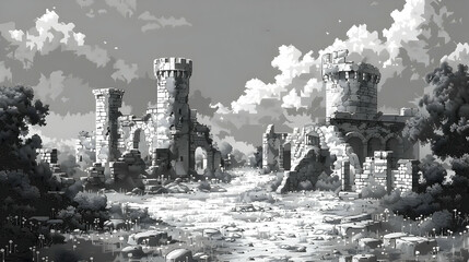 Pixel Art of Ancient Castle Ruins with Stone Towers Under Cloudy Sky in Grayscale