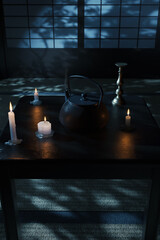 teapot surrounded by candlelight in a traditional japanese house at night. 3D Rendering