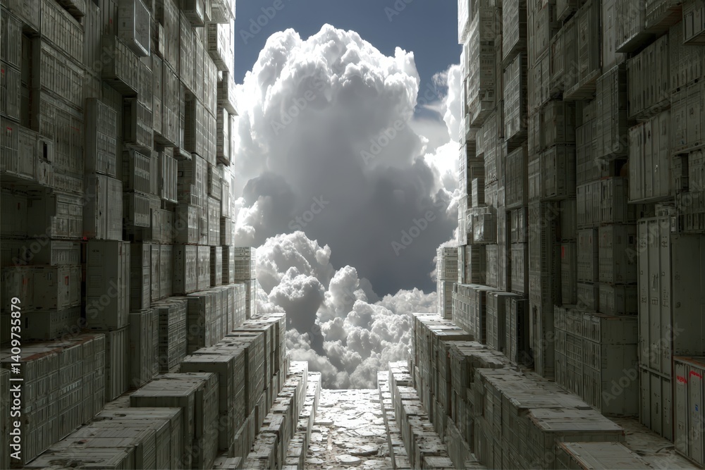 Poster a surreal pathway through towering structures into a cloudy sky.