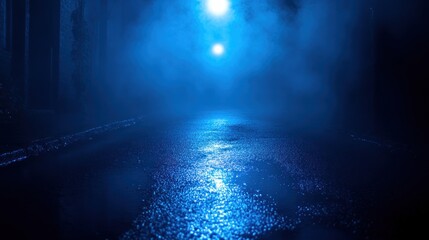 Fototapeta premium enigmatic alleyway bathed in ethereal blue light with a wet glistening surface under a shroud of misty atmosphere perfect for cinematic suspense