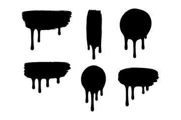 A set of six black paint drips and streaks, featuring various shapes, ideal for grunge or artistic design. Various black ink splatters and brush strokes. Elements of grunge design. Vector illustration