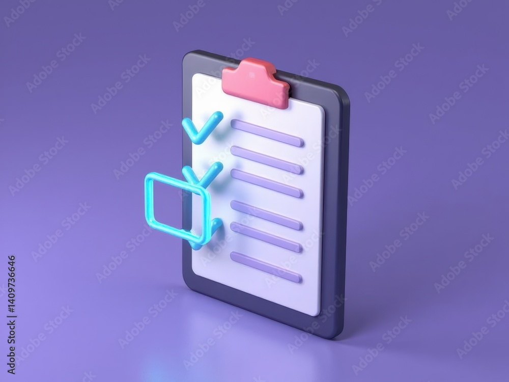 Poster a 3d icon of a task checklist with floating checkmarks, minimalist design, productivity theme.