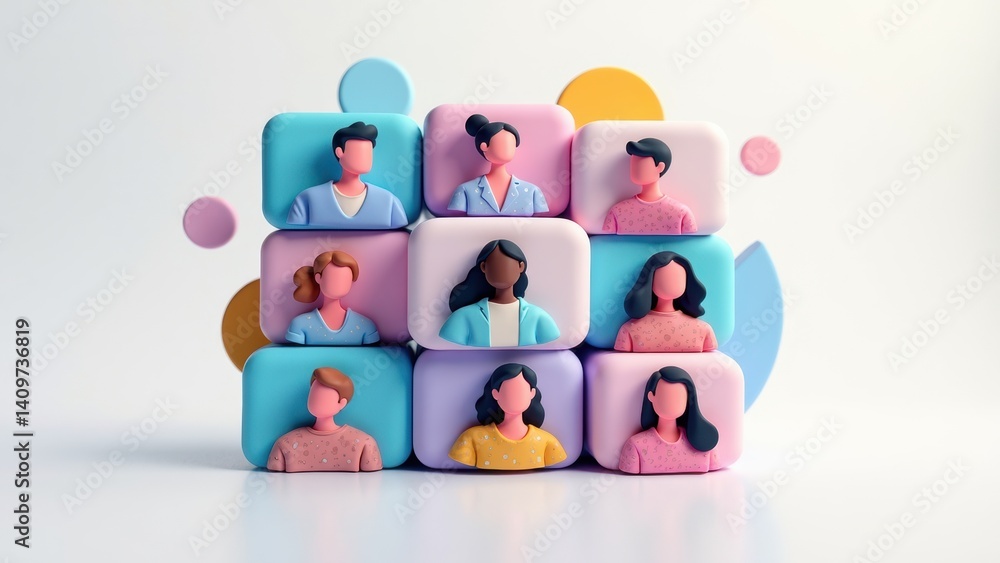 Poster a 3d icon of a video call grid with tiny faces, modern remote work communication style .