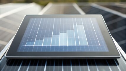 Fototapeta premium Tablet displaying solar energy data on a rooftop.