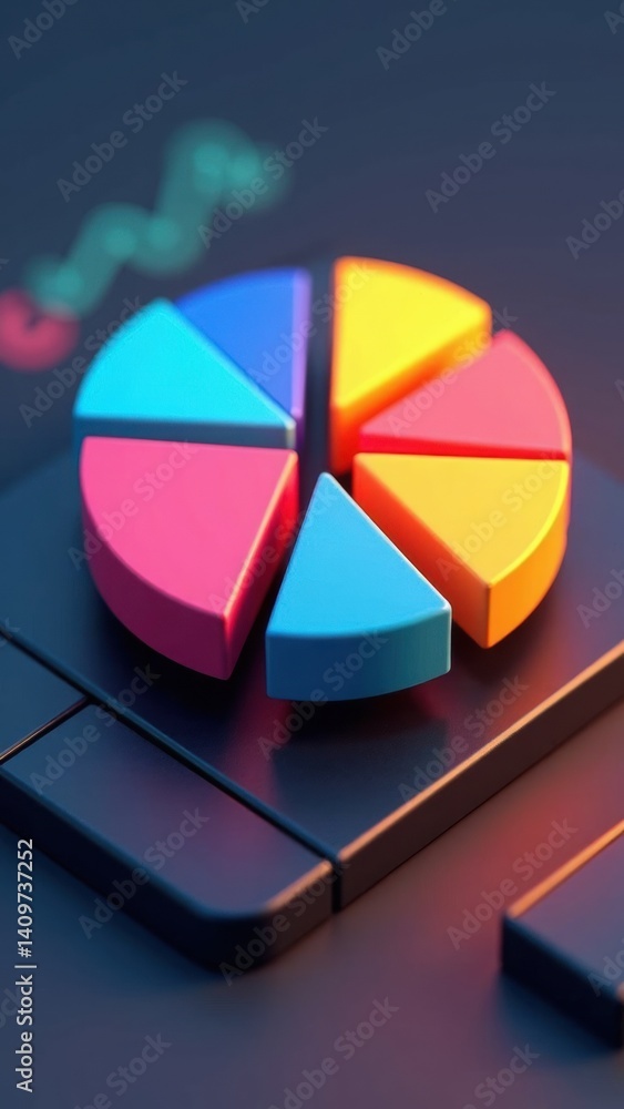 Poster a 3d icon of a pie chart with glowing segments in corporate colors, hovering over a sleek dashboard,