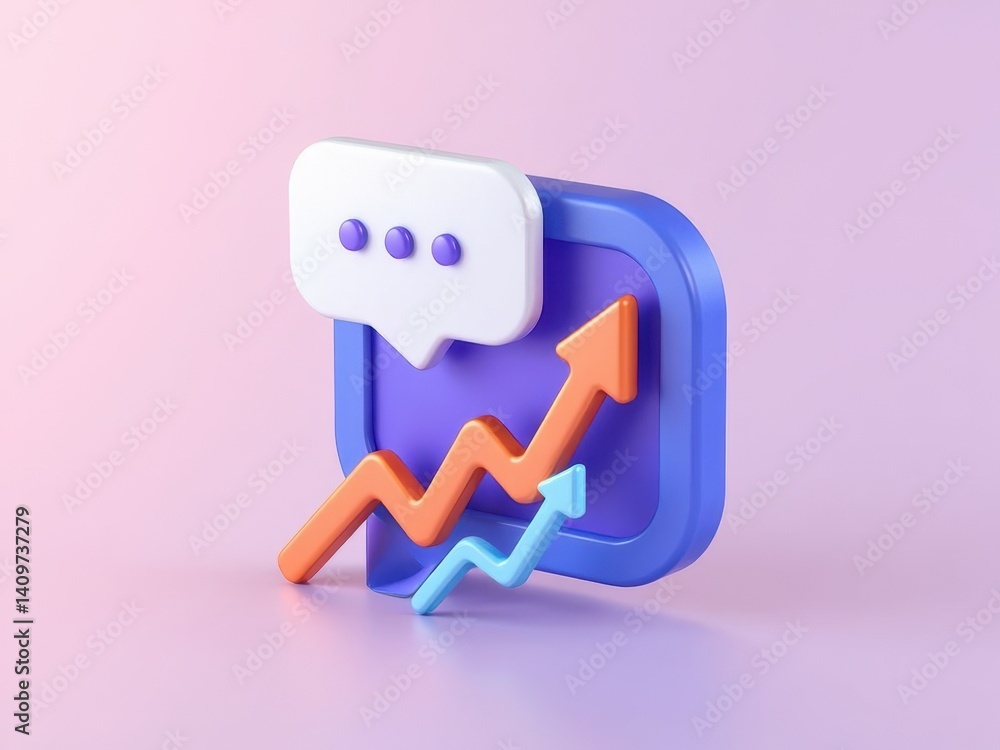 Poster a 3d icon with a speech bubble and rising arrow, symbolizing presentations, soft gradient background