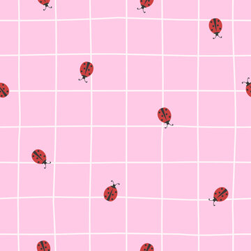 Cute vector seamless pattern with lady bugs on a pastel pink checkered background. Girly background with ladybug beetles in trendy color palette in minimalist style