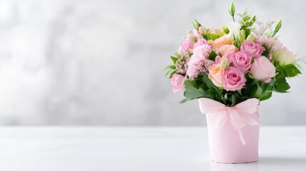 Fototapeta premium Delicate bouquet of pastel pink and peach flowers in a light pink gift box