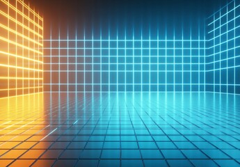 Futuristic Neon Grid Background with Glowing Blue and Orange Lines