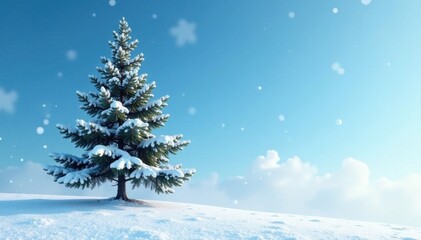Fototapeta premium A lone snow-covered pine tree stands against a bright blue sky with a few scattered snowflakes and a hint of mist, snow covered pine, blue christmas, serene